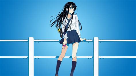 1013470 Long Hair Anime Anime Girls Blue Eyes Blue Black Hair Knee Highs Skirt