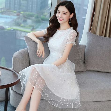 Buy Elegant Korean Fashion Bead Chiffon Mesh White Lace Dress Designer Dresses