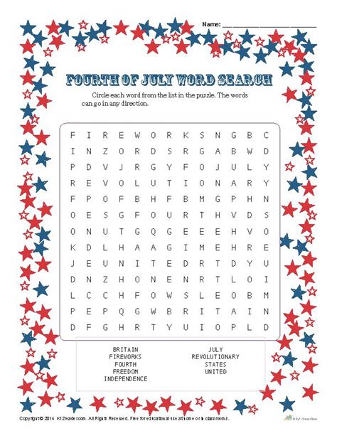 The Fourth Of July Word Search Is Shown In Red White And Blue Stars
