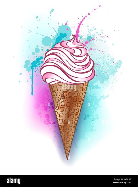Pink Ice Cream With Waffle Horn Painted In Watercolor On A White Background Drawing With