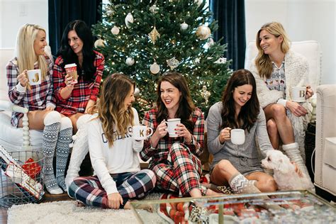 Holiday Pajama Party With Friends Wearing Fun And Festive Pj Sets