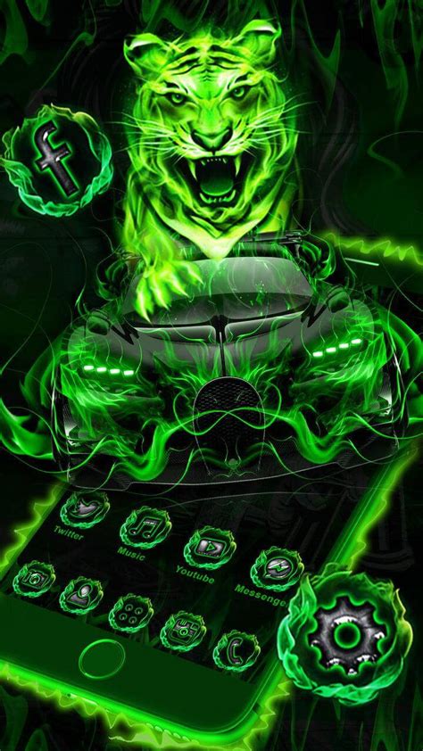 Download Green Fire Car With Tiger And Iphone Wallpaper