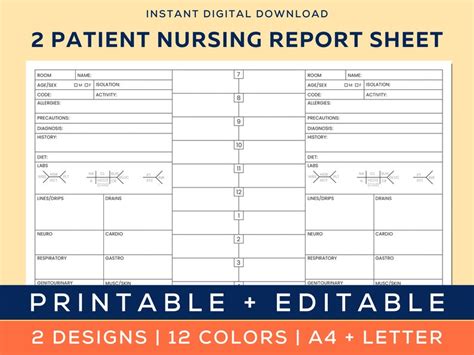 Printable 2 Patient Nursing Report Sheet With Hourly Layout Etsy