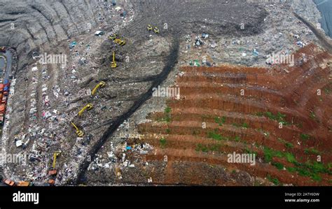 Aerial View Large Landfills Like Mountains The Tractor Take Garbage