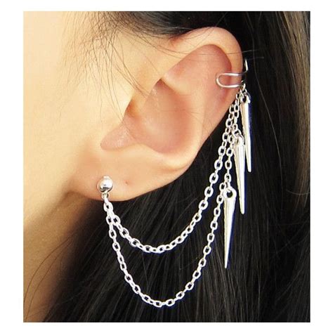 Silver Spikes Double Chain Cuff Earring 9 Liked On Polyvore Girly