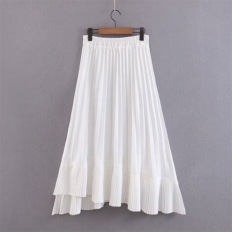 Pleated Midi White Skirts Womens Asymmetrical Summer Ruffled Long Skirt Female Elastic Waist A