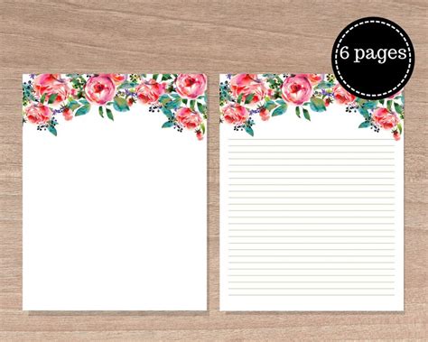 Floral Writing Paper Printables Letter Paper 85 X 11 In Etsy