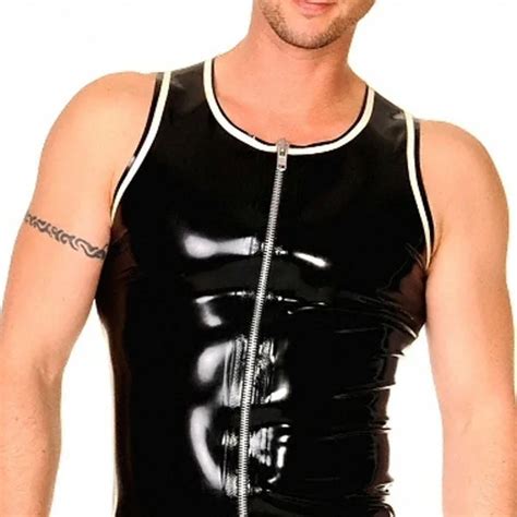 Black Latex Vest Top Latex Rubber Sleeveless Shirt With Front Zip In