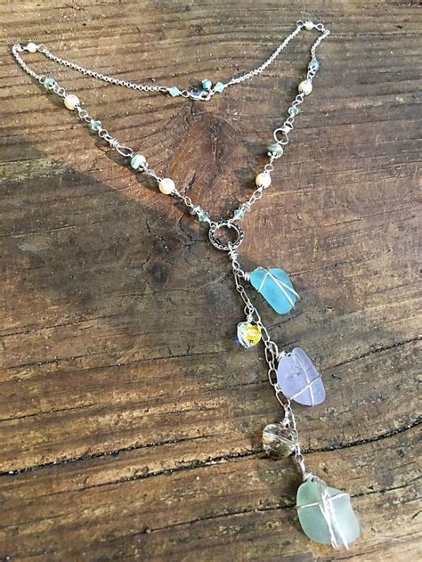 Zee Glas Y Chain Ketting Met Authentiek Strand Hand Gewikkeld Etsy