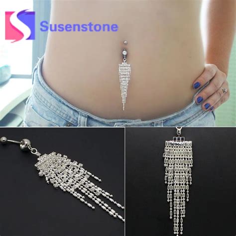 Fashion Rhinestone Tassel Chain Dangle Belly Button Ring Bar Surgical