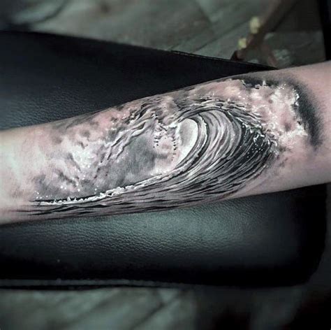 Black And White Ink Badass Shaded Mens Ocean Wave Forearm Tattoo Wave