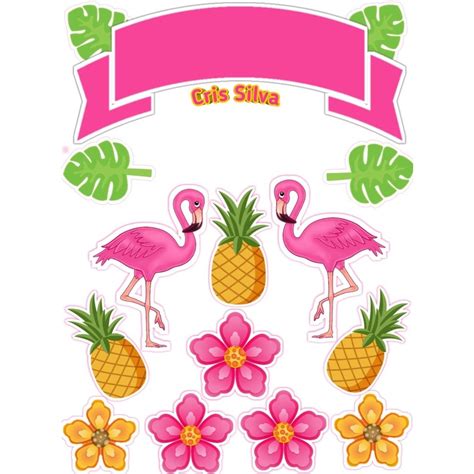 Topo Topper Bolo Tema Flamingo Rosa Pronto Para Usar Com Palitinhos