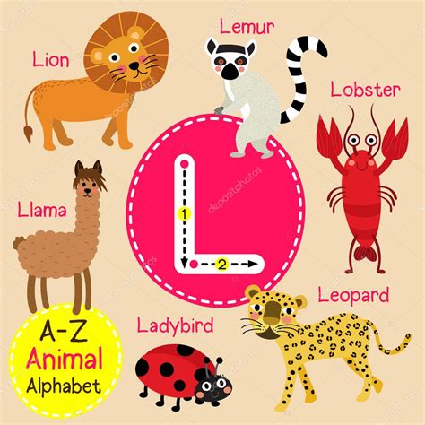 Cute Children Zoo Alphabet L Letter Tracing Of Funny Animal Cartoon For