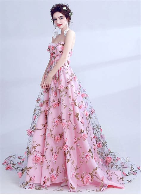 Beautiful Pink Flower Floral Tulle Prom Dress Floral Prom Dresses Prom Dresses Long Dresses