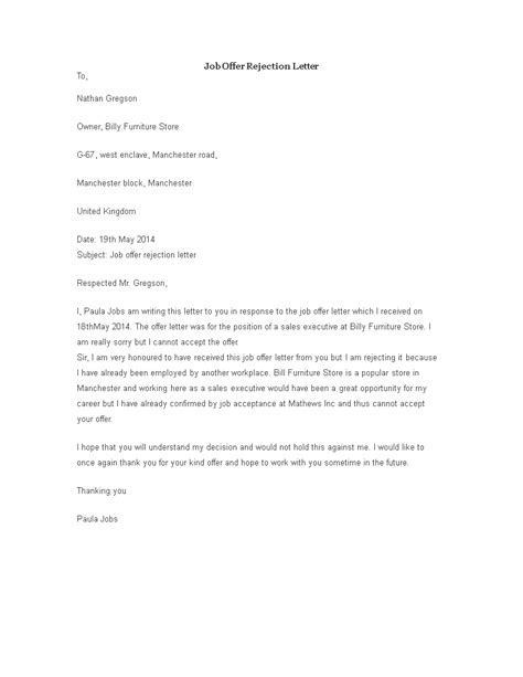 Job Offer Rejection Letter Example Templates At
