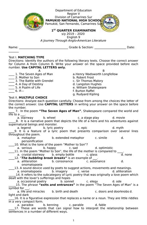 Grade First Periodical Test In Epp First Quarterly Examination Epp