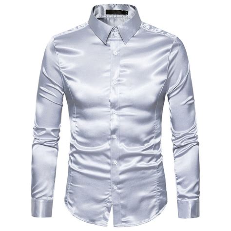2019 Silk Satin Shirt Men 2017 White Men Shirt Long Sleeve Slim Fit