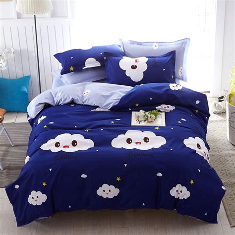 Cute Cloud Print Kids Twin Size Bed Sheet Sets Blue Sky White Lovely