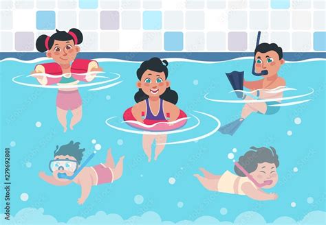 Swimming Kids Cartoon Happy Children In A Pool Flat Boys And Girls