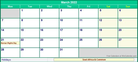 March 2022 South Africa Calendar With Holidays For Printing Image Format