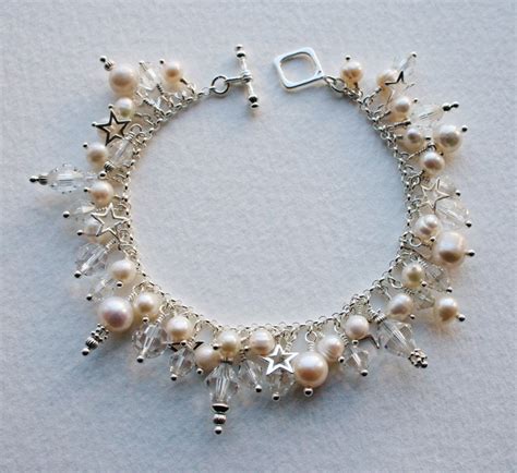 Sterling Silver Pearl Crystal Wishing Star Charm Bracelet Etsy Uk