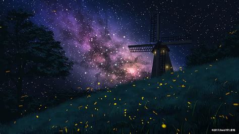 Hd Wallpaper Anime Original Firefly Starry Sky Windmill