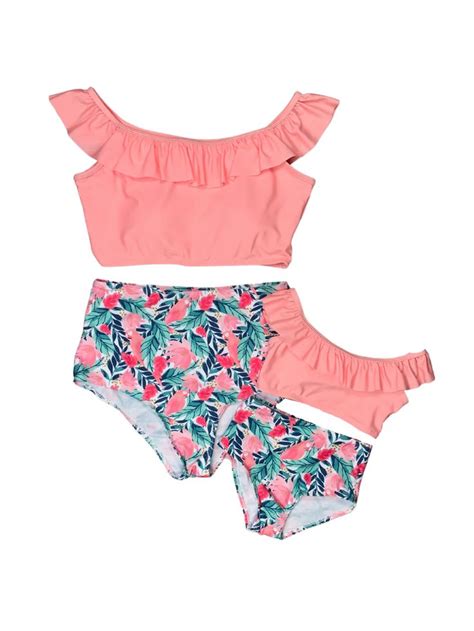mommy and me swimsuits tropical peach ruffle high waisted two piece bikini cute swimsuits