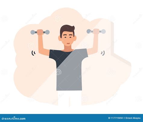 Young Smiling Man Lifting Dumbbells Male Cartoon Character Performing