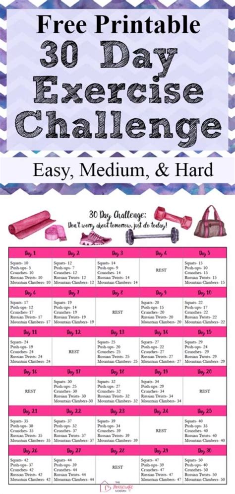 Free Exercise Printable 30 Day Challenge Easy Medium And Hard Levels