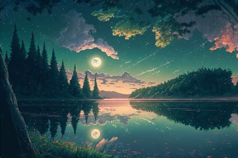 Premium Ai Image Painting Of A Lake At Night With A Full Moon In The