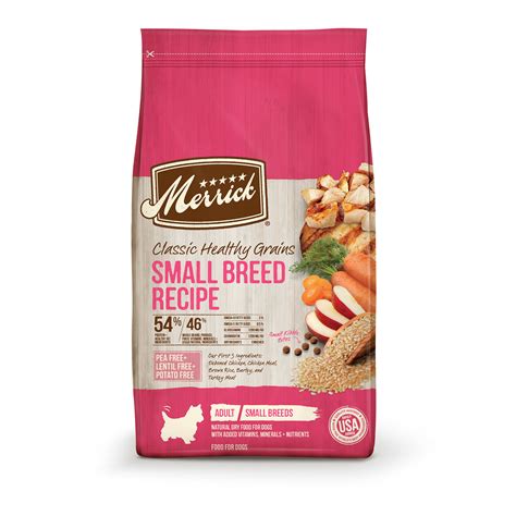 It's best selling mix includes salmon, brown rice and sweet potato (or, if you're feeling seasonal, here's an apple and pumpkin treat ). Merrick Classic Healthy Grains Small Breed Dry Dog Food ...