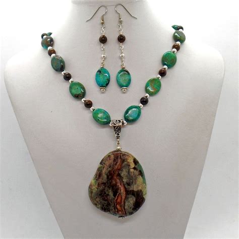 Turquoise Brown Imperial Jasper Bronzite Pendant Necklace Earrings Set