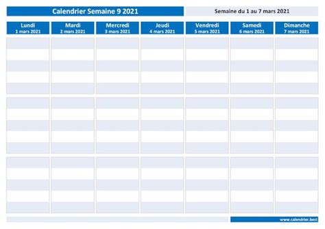 Semaine 9 2021 Dates Calendrier Et Planning Hebdomadaire Calendrier