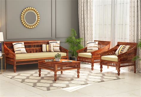 Buy furniture for home and office at india's best online store. Buy Alanis Wooden Sofa Set (Honey Finish) Online in India ...
