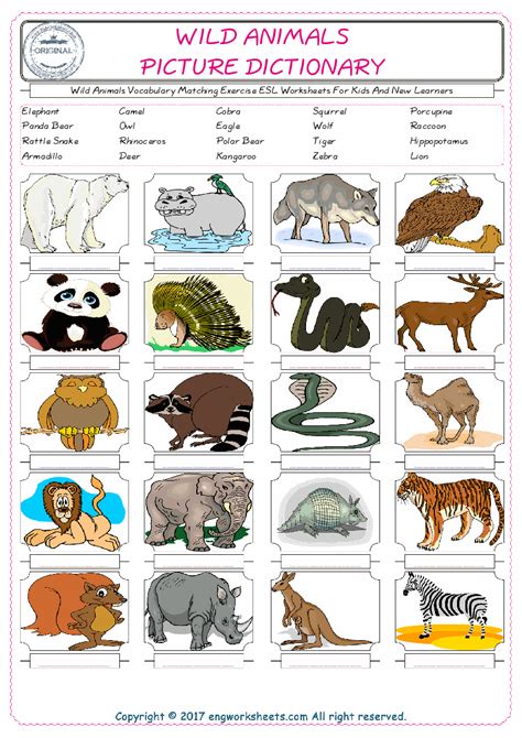 Wild Animals English Worksheet For Kids Esl Printable Picture
