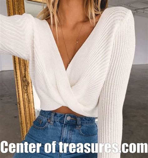 🎁 Sale 🛍️ Crop Tops Knitted Sweaters V Neck Ladies Pullover Sweaters
