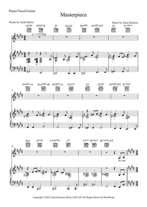 Masterpiece Sheet Music Zane Kuchera Piano Vocal And Guitar Chords
