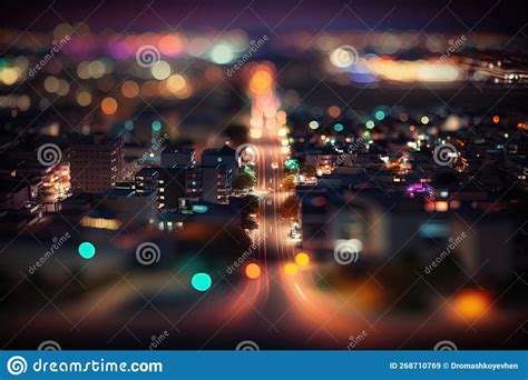 Generative Ai Night Lights Scene Of City With Houses Roads Cars