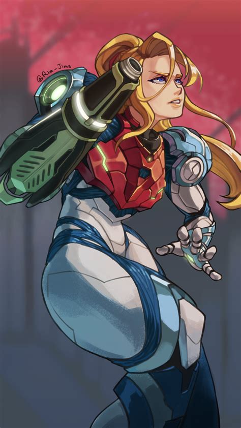 safebooru 1girl absurdres arm cannon blonde hair blue eyes highres looking up metroid metroid