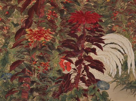 Amaranth And Rooster Circa 1930 Japanese Scroll Painting