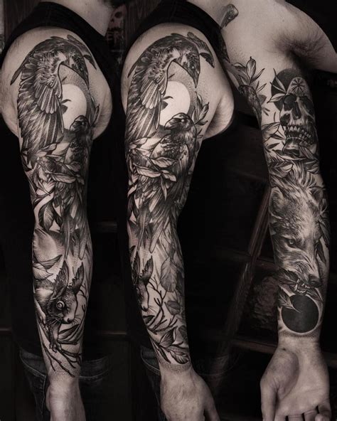 Blackwork Ravens Tattoo Sleeve By Danielbacz Fullsleevetattoos Full