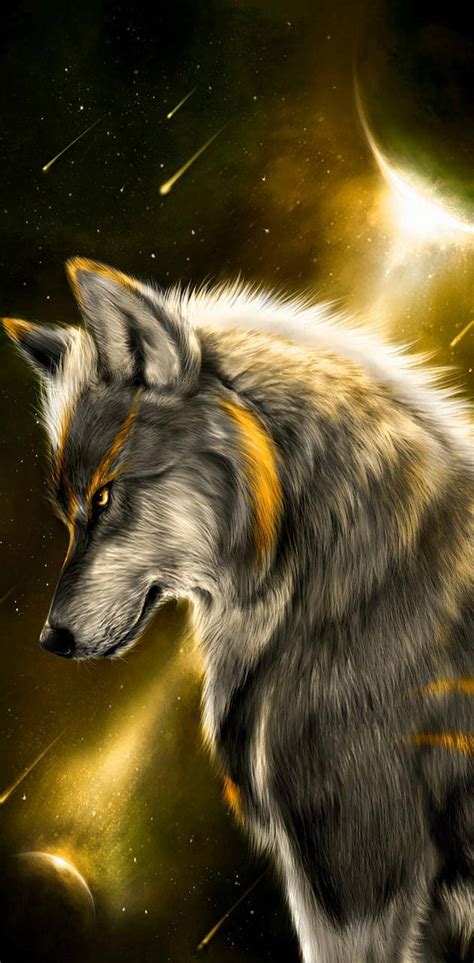 Download Cool Golden Galaxy Over Fierce Wolf Wallpaper