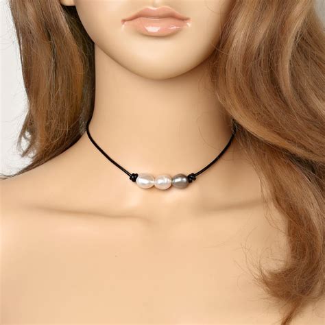 Woman Black Leather Pearl Choker Necklace Cultured Freshwater Pearls