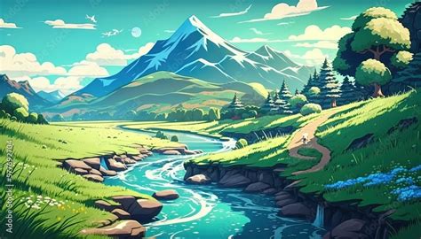 Illustrazione Stock A Beautiful Anime Style Summer Landscape Green