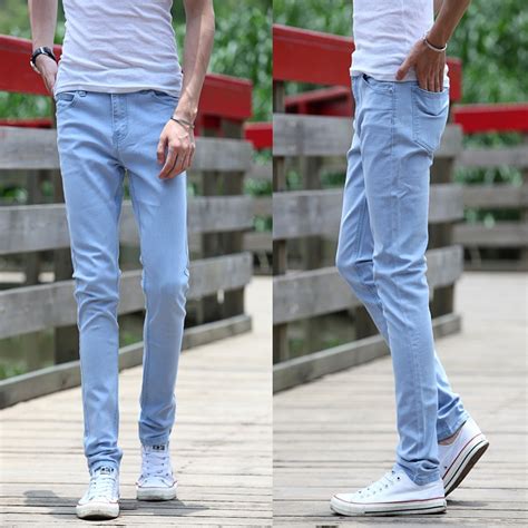 men s sky blue skinny jeans casual slim fit denim pants plain color trousers with pockets for