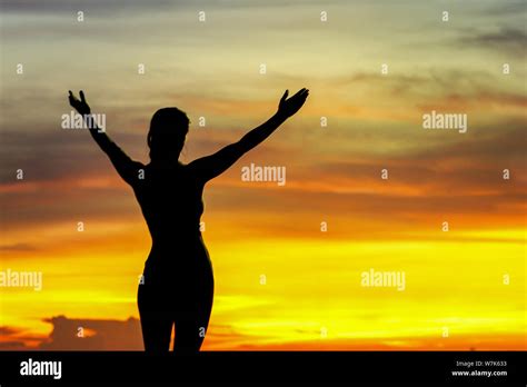Strong Constrong Confidence Woman Open Arms Under The Sunrise At