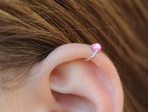Amazon Com Pink Opal Cartilage Earring Hoop Gauge Sterling Silver