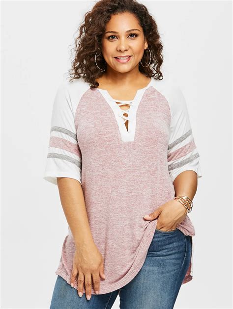 wipalo plus size 5xl lace up side slit marled t shirt women summer color block raglan sleeve v