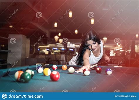 Beautiful Brunette Woman Playing Billiard In Pub Stock Image Image Of Green Break 131098305