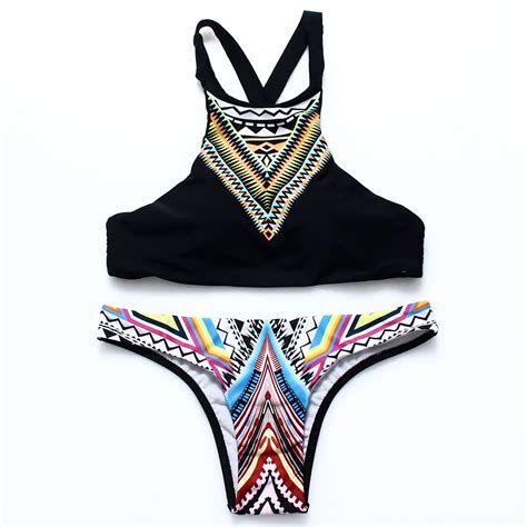 2018 New Women Bikinis High Neck Push Up Bikini Set Geometry Black Swimwear Female Slim Print